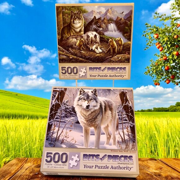 Bits and Pieces 500 Piece WOLF Puzzles Winter Stay Wolf + Wolves At Waterfall - Picture 1 of 11